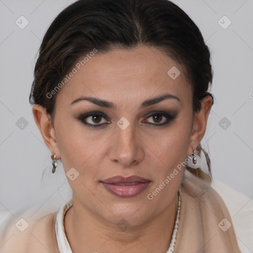 Joyful latino young-adult female with short  brown hair and brown eyes