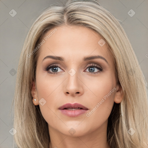 Neutral white young-adult female with long  brown hair and brown eyes