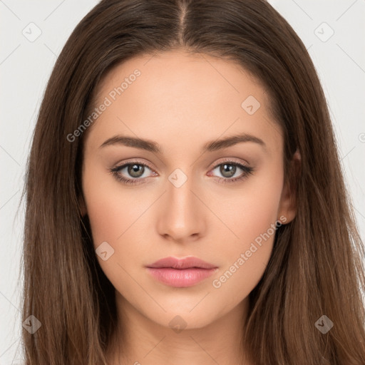 Neutral white young-adult female with long  brown hair and brown eyes