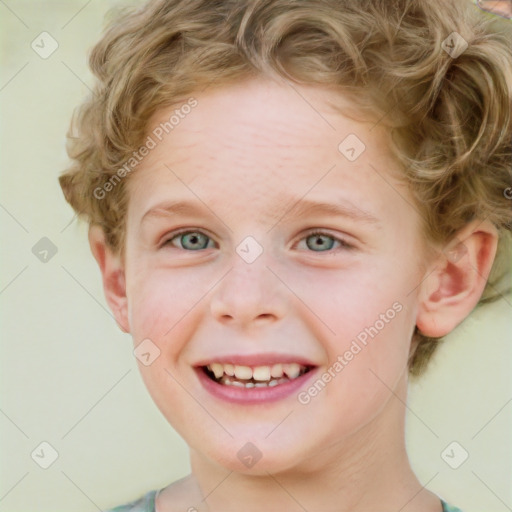 Joyful white child female with short  brown hair and blue eyes