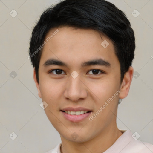 Joyful white young-adult male with short  black hair and brown eyes