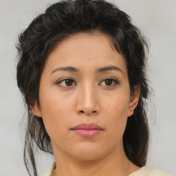 Neutral asian young-adult female with medium  brown hair and brown eyes