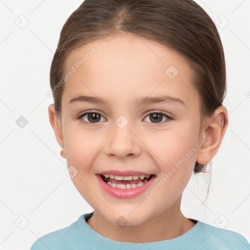 Joyful white child female with medium  brown hair and brown eyes