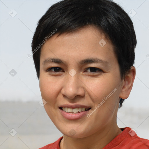 Joyful white young-adult female with short  brown hair and brown eyes