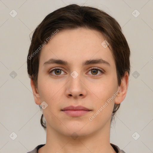 Neutral white young-adult female with short  brown hair and brown eyes