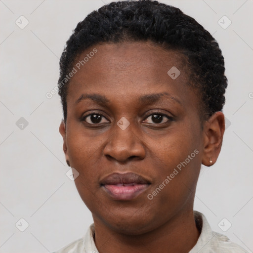 Joyful black young-adult female with short  black hair and brown eyes