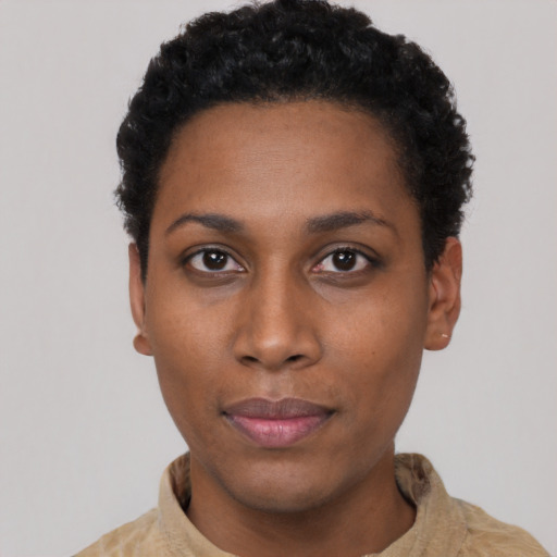 Neutral latino young-adult female with short  black hair and brown eyes