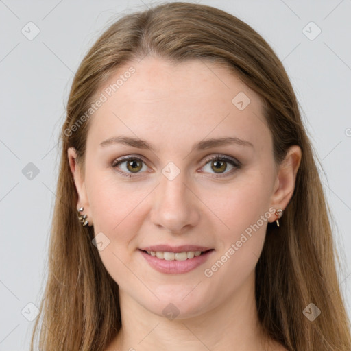 Joyful white young-adult female with long  brown hair and green eyes