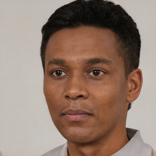Neutral black young-adult male with short  black hair and brown eyes