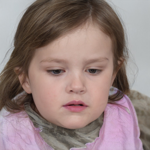 Neutral white child female with medium  brown hair and grey eyes