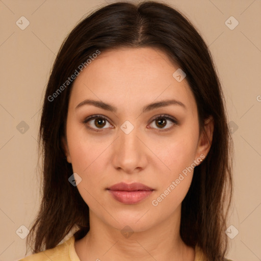 Neutral white young-adult female with long  brown hair and brown eyes