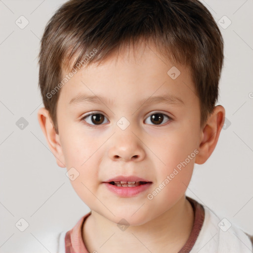 Joyful white child male with short  brown hair and brown eyes