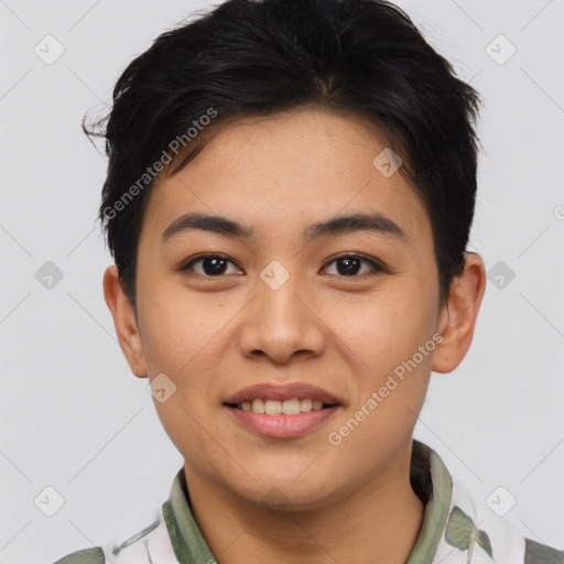 Joyful asian young-adult female with short  brown hair and brown eyes