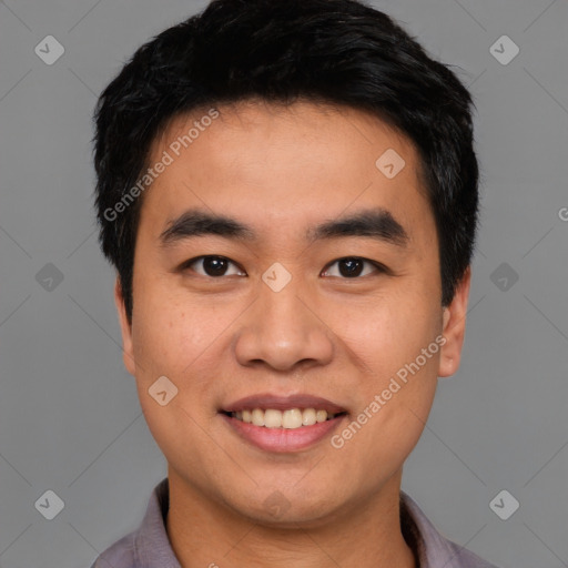 Joyful white young-adult male with short  black hair and brown eyes