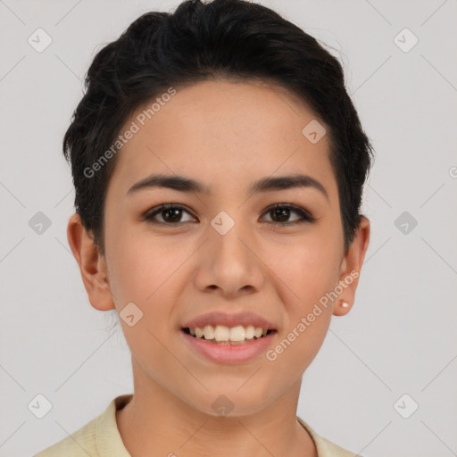 Joyful asian young-adult female with short  brown hair and brown eyes