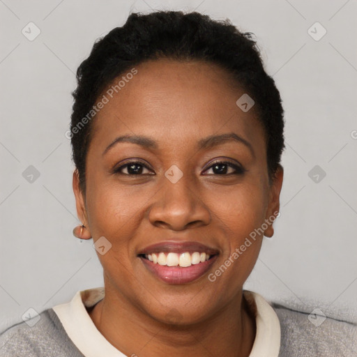 Joyful black young-adult female with short  black hair and brown eyes