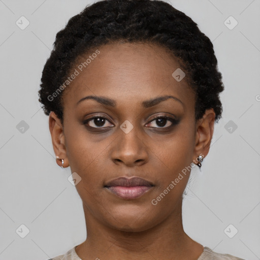 Neutral black young-adult female with short  brown hair and brown eyes