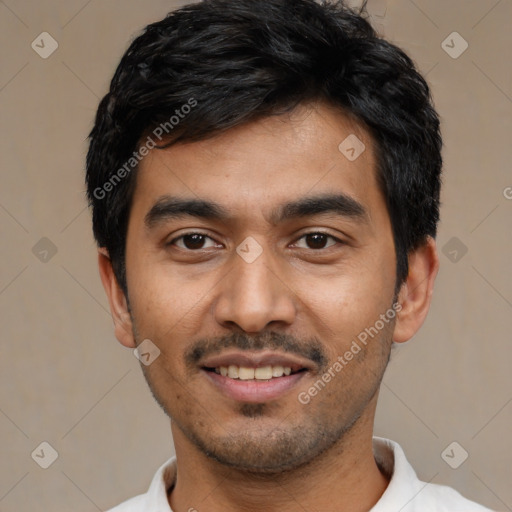 Joyful asian young-adult male with short  black hair and brown eyes