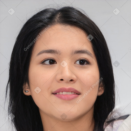 Joyful asian young-adult female with medium  black hair and brown eyes