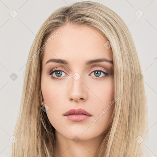 Neutral white young-adult female with long  brown hair and brown eyes