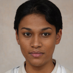 Neutral black young-adult female with short  black hair and brown eyes