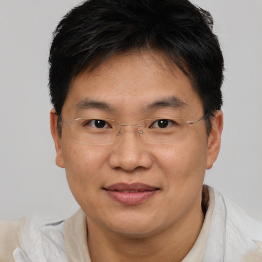 Joyful asian adult male with short  brown hair and brown eyes