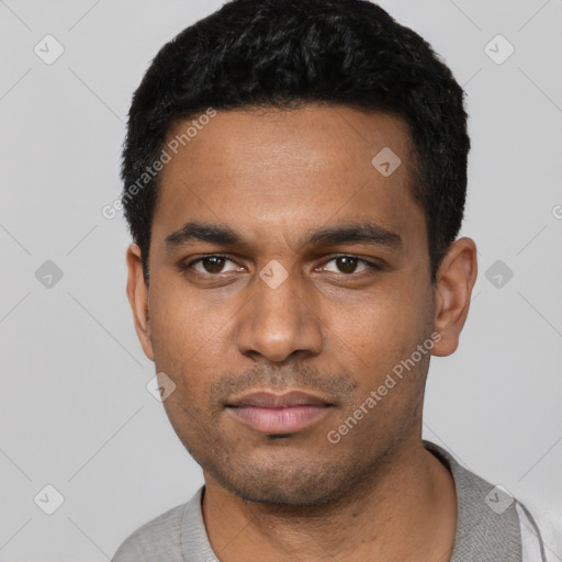 Neutral latino young-adult male with short  black hair and brown eyes