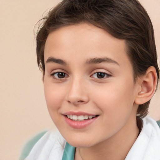 Joyful white child female with medium  brown hair and brown eyes