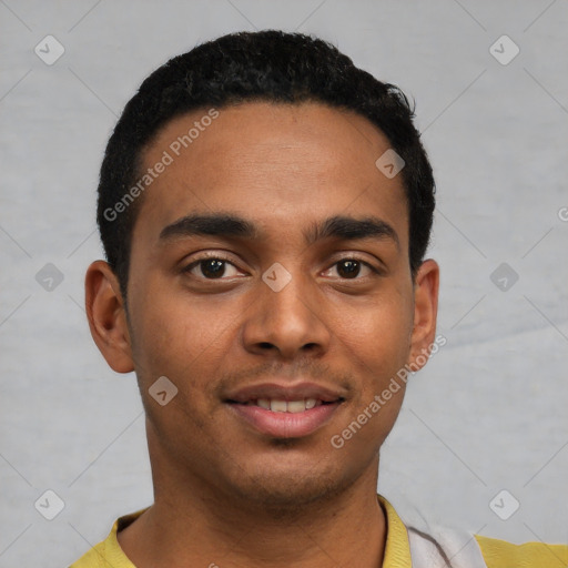 Joyful latino young-adult male with short  black hair and brown eyes