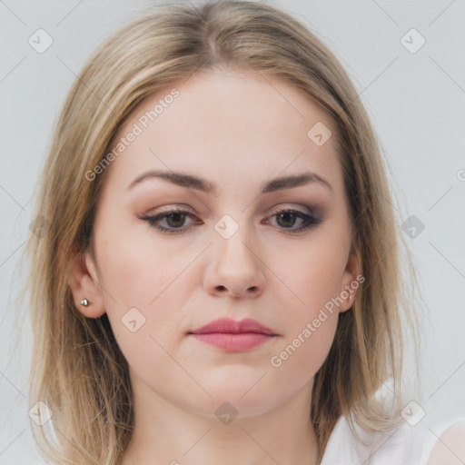 Neutral white young-adult female with medium  brown hair and brown eyes