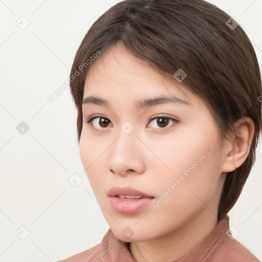 Neutral white young-adult female with medium  brown hair and brown eyes