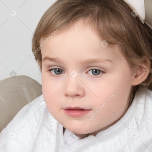 Neutral white child female with medium  brown hair and blue eyes