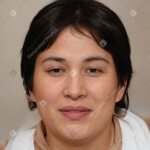 Joyful white adult female with medium  brown hair and brown eyes