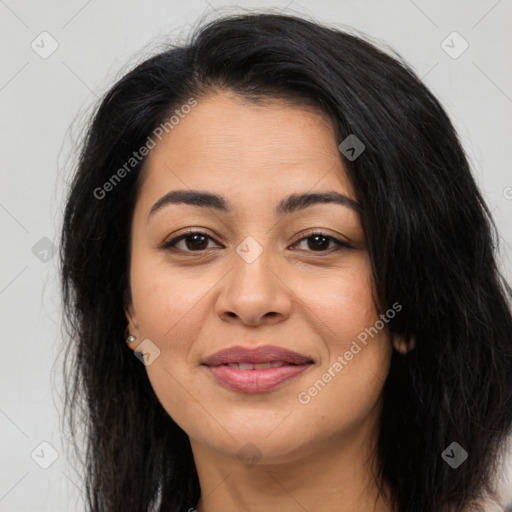 Joyful asian young-adult female with long  brown hair and brown eyes