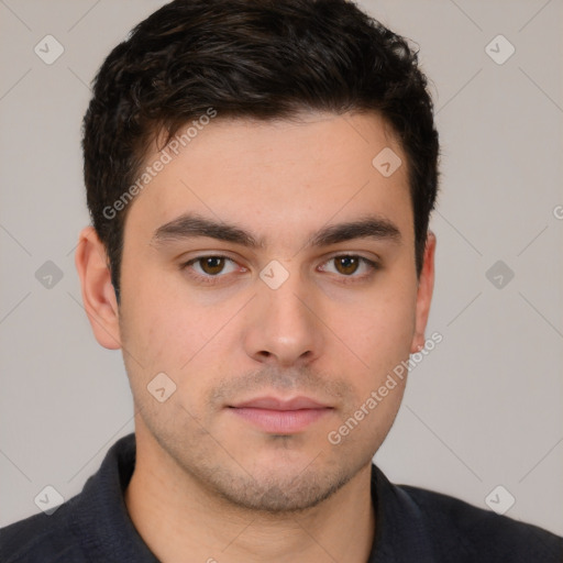 Neutral white young-adult male with short  brown hair and brown eyes