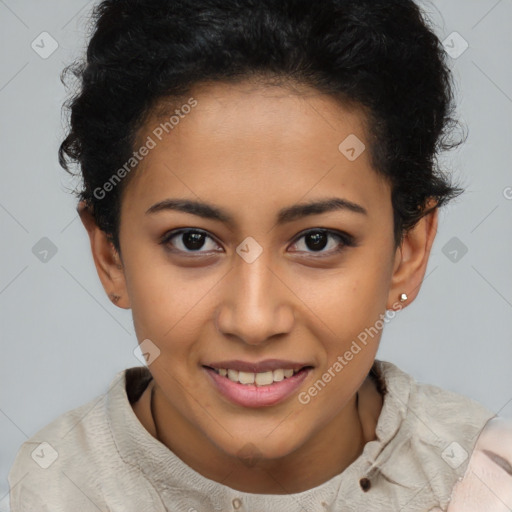 Joyful latino young-adult female with short  brown hair and brown eyes