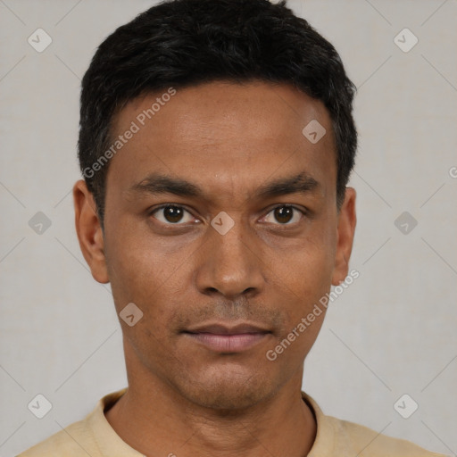 Neutral latino young-adult male with short  black hair and brown eyes