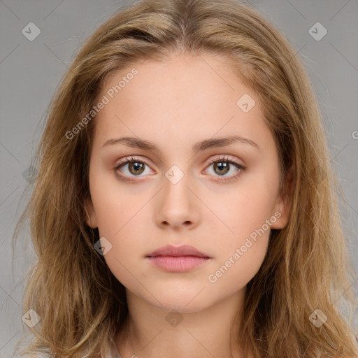 Neutral white young-adult female with long  brown hair and brown eyes