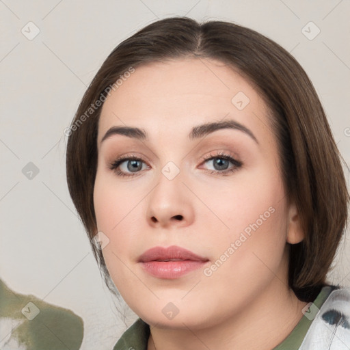 Neutral white young-adult female with medium  brown hair and brown eyes