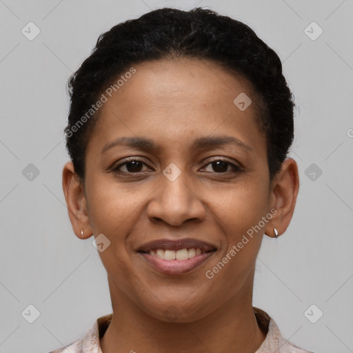 Joyful latino young-adult female with short  brown hair and brown eyes