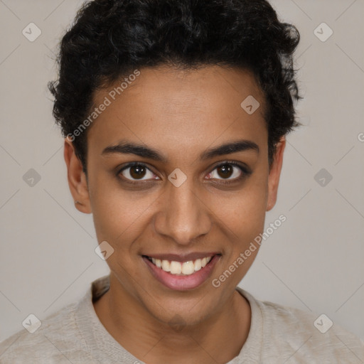 Joyful latino young-adult female with short  brown hair and brown eyes