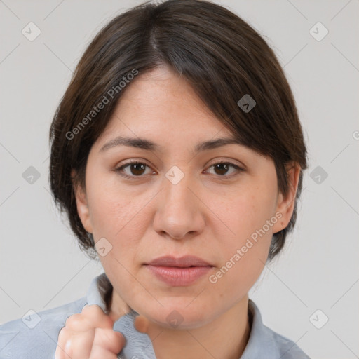 Neutral white young-adult female with medium  brown hair and brown eyes