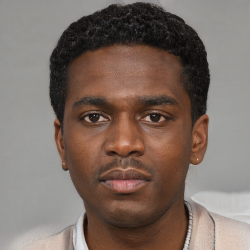 Neutral black young-adult male with short  black hair and brown eyes