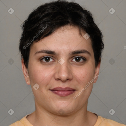 Joyful white young-adult female with short  brown hair and brown eyes