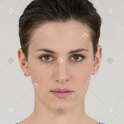 Neutral white young-adult female with short  brown hair and brown eyes