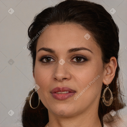 Joyful white young-adult female with long  brown hair and brown eyes