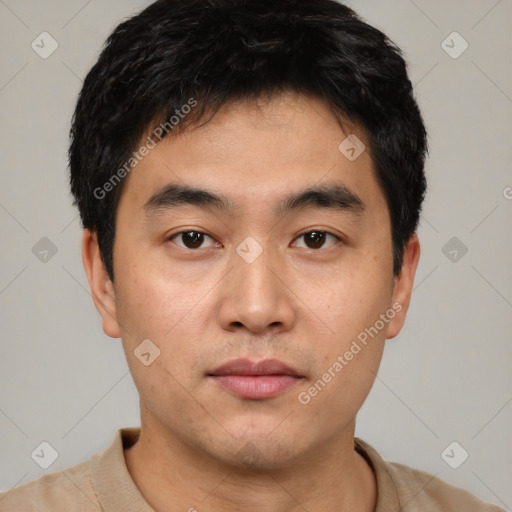 Neutral asian young-adult male with short  black hair and brown eyes