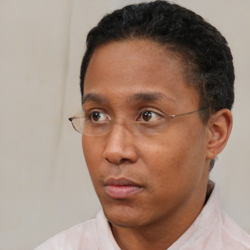 Neutral black adult male with short  brown hair and brown eyes