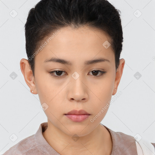 Neutral asian young-adult female with short  brown hair and brown eyes