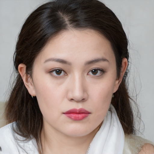 Neutral white young-adult female with medium  brown hair and brown eyes